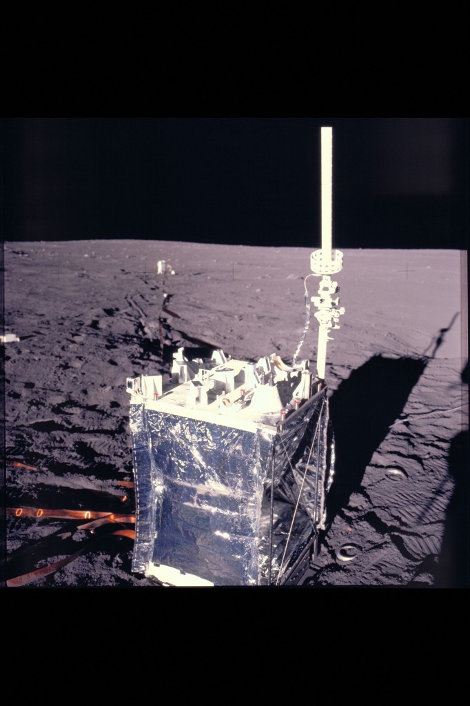 A picture taken by Apollo 12 astronauts of a experiment package containing the Lunar Dust Detector.