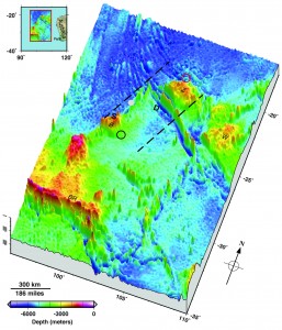 Seafloor topography in the Malaysia Airlines flight MH370 search area. Dashed lines approximate the search zone for sonar pings emitted by the flight data recorder and cockpit voice recorder popularly called black boxes. The first sonar contact (black circle) was reportedly made by a Chinese vessel on the east flank of Batavia Plateau (B), where the shallowest point in the area (S) is at an estimated depth of 1637 meters. The next reported sonar contact (red circle) was made by an Australian vessel on the north flank of Zenith Plateau (Z). The deepest point in the area (D) lies in the Wallaby-Zenith Fracture Zone at an estimated depth of 7883 meters. The Wallaby Plateau (W) lies to the east of the Zenith Plateau. The shallowest point in the entire area shown here is on Broken Ridge (BR). Deep Sea Drilling Project (DSDP) site 256 is marked by a gray dot. The inset in the top left shows the area’s location to the west of Australia. Seafloor depths are from the General Bathymetric Chart of the Oceans [2010]. Credit: Walter H.F. Smith and Karen M. Marks/Eos