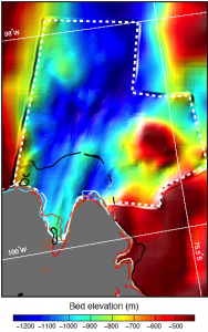 The Amundsen Sea glacier beds are below sea level, so that as the grounding lines retreat, the water below the floating ice shelves gets deeper rather than shallower. This image shows the beds of Thwaites and Haynes glaciers, with colors indicating depth. The large blue area under Thwaites Glacier is almost three-quarters of a mile (1,200 meters) below sea level. The broken lines at the front of the glacier show how the grounding line has retreated over 19 years; red is the 1992 grounding line, and black is the line's position in 2011. Credit: NASA