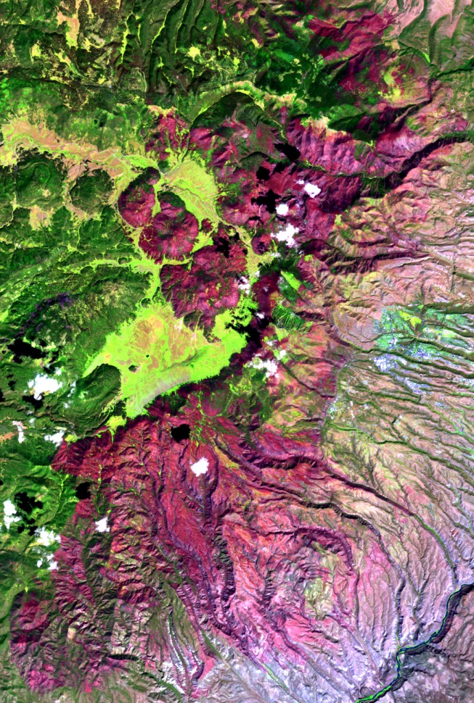 A satellite image of the 2011 Las Conchas Fire in New Mexico shows the 150,874 acres burned in magenta and the unburned areas in green. This image was created with data from the Monitoring Trends in Burn Severity (MTBS) Project that the authors of a new study used to measure large wildfires in the western United States. Credit: Philip Dennison/MTBS