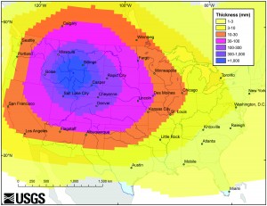 An example of the possible distribution of ash from a month-long Yellowstone supereruption. The distribution map was generated by a new model developed by the U.S. Geological Survey using wind information from January 2001. The improved computer model, detailed in a new study accepted for publication in Geochemistry, Geophysics, Geosystems, finds that the hypothetical, large eruption would create a distinctive kind of ash cloud known as an umbrella, which expands evenly in all directions, sending ash across North America. Ash distribution will vary depending on cloud height, eruption duration, diameter of volcanic particles in the cloud, and wind conditions, according to the new study.  Credit: USGS 