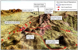 A map of the area of Operation Anaconda showing the Shahi Kowt Valley (outlined in blue) and the peak of Takur Ghar, which rises 3,191 meters (10,469 feet) out of the valley below. Credit: U.S. Army