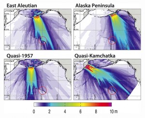 The researchers simulated earthquakes with magnitudes between 9.0 and 9.6 originating at different locations along the Aleutian-Alaska subduction zone, and found that the unique geometry of the eastern Aleutians would direct the largest post-earthquake tsunami energy directly toward the Hawaiian Islands. The red circles are centered on Kaua‘i and encircle the Big Island.  Credit: Rhett Butler