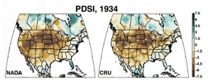 The 1934 drought afflicted nearly 72 percent of the western United States, as shown in this figure pf the Palmer Drought Severity Index (PDSI), which the authors used to identify 1934 as the worst drought year of the last millennium. Credit: Benjamin Cook