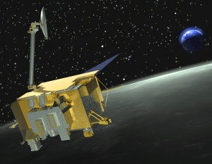 Artist's rendition of the Lunar Reconnaissance Orbiter at the moon. The CRaTER telescope is seen pointing out at the bottom right center of the LRO spacecraft. Credit: Chris Meaney/NASA