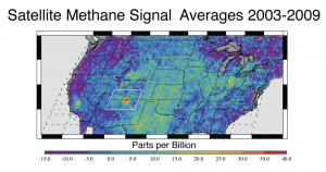 This map shows anomalous U.S. methane emissions (that is, how much the emissions are higher or lower than average) for 2003-2009, as measured by SCIAMACHY. Purple and dark blue areas are below average. Pale blue and green areas are close to normal or slightly elevated. Yellows and red indicate higher-than-normal anomalies, with more intense colors showing higher concentrations. The Four Corners area is the only red spot on the map. Credit:NASA/JPL-Caltech/University of Michigan