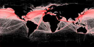 Global shipping routes crisscross the world's oceans. Maritime traffic along these lanes is also a major source of noise pollution, which is increasingly considered harmful to marine mammals. Credit: Grolltech