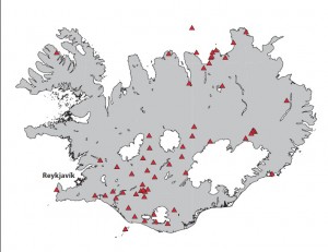 Iceland's glaciers (white) are melting faster and faster. As a result, the Icelandic crust near the glaciers is rebounding at an accelerated rate -- in some cases as much as 1.4 inches (35 millimeters) per year, found a University of Arizona-led team of geoscientists. The researchers used Iceland's geodesy network of sensitive GPS receivers (red triangles) to figure out how fast the land is rising.  Credit: Kathleen Compton/University of Arizona Department of Geosciences. Usage restrictions: This map of Iceland by Kathleen Compton may only be used to illustrate a story about the research described in the accompanying news release, "Iceland rises as its glaciers melt from climate change." Please make sure to credit the photo as requested. Do not post this image independent of the story. 