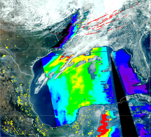 This image shows MODIS-Aqua satellite products for 27 April 2011 over the southeast US, Central America and the Gulf of Mexico (GoM), along with tornado tracks (red solid lines, thickness indicates the magnitude of the tornado reports , thickest=5, thinnest=1) for the period from April 26-28, 2011. The background is a true color image of the surface, clouds, and smoke, with yellow markers indicating fire detections and an iridescent overlay showing aerosol optical depth (AOD). Red, green and purple colors show high (1.0), medium (0.6) and low (0.1) AOD values. The article by Saide et al. (2015) shows that the increase in aerosol loads in the GoM is produced by fires in Central America, and this smoke is further transported to the southeast US where it can interact with clouds and radiation producing environmental conditions more favorable to significant tornado occurrence for the historical outbreak on 27 April 2011. Satellite L1B (true color image), AOD, and fire detection retrievals obtained from the NASA Level 1 and Atmosphere Archive and Distribution System (LAADS); Tornado reports obtained from the NOAA Storm Prediction Center (SPC); imagery courtesy of Brad Pierce NOAA Satellite and Information Service (NESDIS) Center for Satellite Applications and Research (STAR). Credit: Pablo Saide