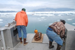 Researchers deploy a hydrophone into Icy Bay, Alaska. Scientists used the underwater microphones to listen and record the average noise levels in three bays in Alaska and Antarctica whose fjords have glaciers that flow into the ocean. They found that the noisiest places in the ocean are where glaciers in fjords melt into the saltwater. Credit: Jeffrey Nystuen.