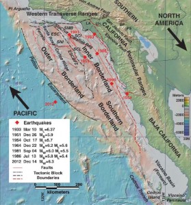This map shows the California Borderland and its major tectonic features, as well as the locations of earthquakes greater than Magnitude 5.5. The dashed box shows the area of the new study. Large arrows show relative plate motion for the Pacific-North America fault boundary. The abbreviations stand for the following: BP = Banning Pass, CH = Chino Hills, CP = Cajon Pass, LA = Los Angeles, PS = Palm Springs, V = Ventura; ESC = Santa Cruz Basin; ESCBZ = East Santa Cruz Basin Fault Zone; SCI = Santa Catalina Island; SCL = San Clemente Island; SMB = Santa Monica Basin; SNI = San Nicolas Island. Credit: Mark Legg