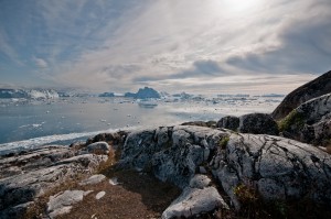These icebergs are easily visible in the fjord from an area just outside of Ilulissat. They calved from Jakobshavn Isbrae (aka Ilulissat Glacier) earlier in the season, from the calving front which peaks at speeds of nearly 17 km/yr in mid summer.  Credit: Ian Joughin, University of Washington