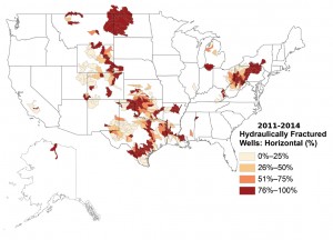Percent of hydraulically fractured wells that were horizontally drilled from January 2011 through August 2014 in watersheds in the United States (n=47,646). Credit: Tanya Gallegos