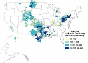 Average water volumes used to hydraulically fracture oil and gas wells (horizontal, directional, and vertical) drilled from January 2011 through August 2014. Image Credit: Tanya Gallegos