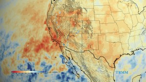 California's accumulated precipitation debt from 2012 to 2014 shown as a percent change from the 17-year average using the TRMM mission's multi-satellite observations.  Credit: Goddard's Scientific Visualization Studio