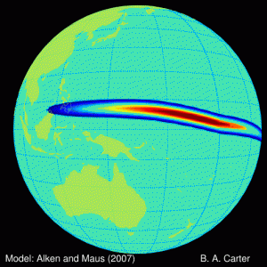 The equatorial electrojet is a naturally occurring flow of current approximately 100 kilometers (60 miles) above the surface of the Earth. New findings raise the issue of increasing power grid safeguards in regions previously thought to be less prone to space weather than high-latitude regions. Credit: Brett A. Carter