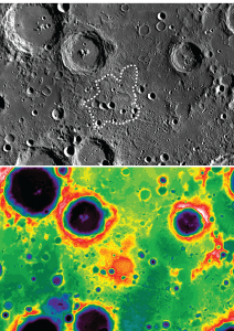 The top image is the South Pole-Aitken basin taken by the Lunar Reconnaissance Orbiter's Wide Angle Camera. Credit: NASA/Goddard/Arizona State University. The lower image is from the Lunar Orbiter Laser Altimeter. Mafic Mound is the reddish splotch in the middle (Red is high ground, blue is low). Credit: NASA/Goddard/MIT/Brown University. 