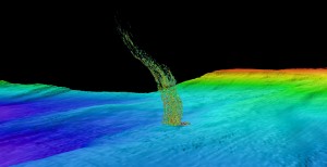 Sonar image of bubbles rising from the seafloor off the Washington coast. The base of the column is 515 meters deep (about 1/3 of a mile) and the top of the plume is at 1/10 of a mile (180 meters) deep. Credit: Brendan Philip/University of Washington