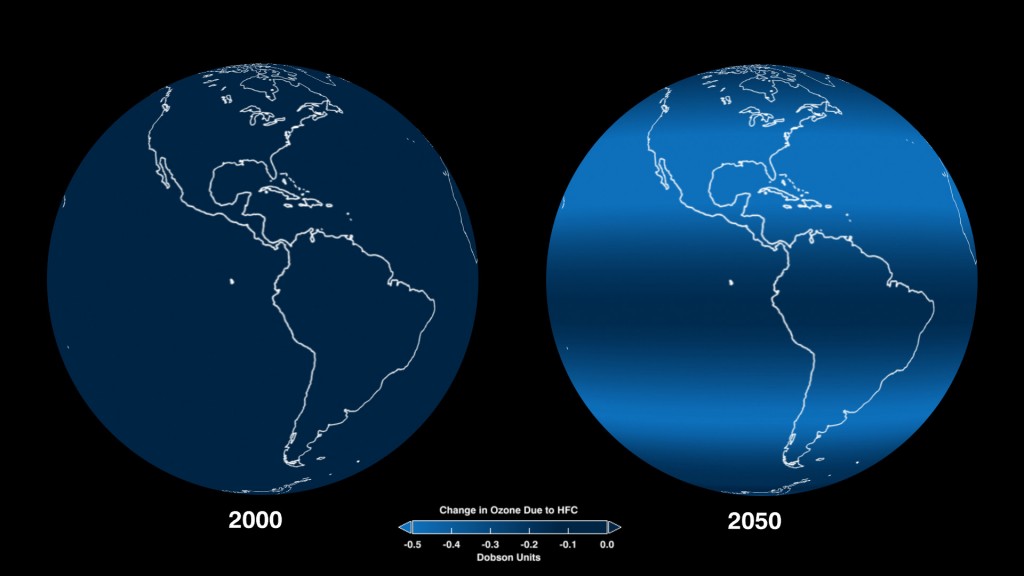A global representation of the projected impacts of HFCs on ozone levels at the various latitudes in 2050, as compared to ozone levels in 2000. The small but measurable amount of ozone loss is quantified in Dobson units, the most common unit for measuring ozone concentration. Over Earth’s surface, the ozone layer’s average thickness is about 300 Dobson units, or three millimeters. Credit: NASA Goddard Space Flight Center. 